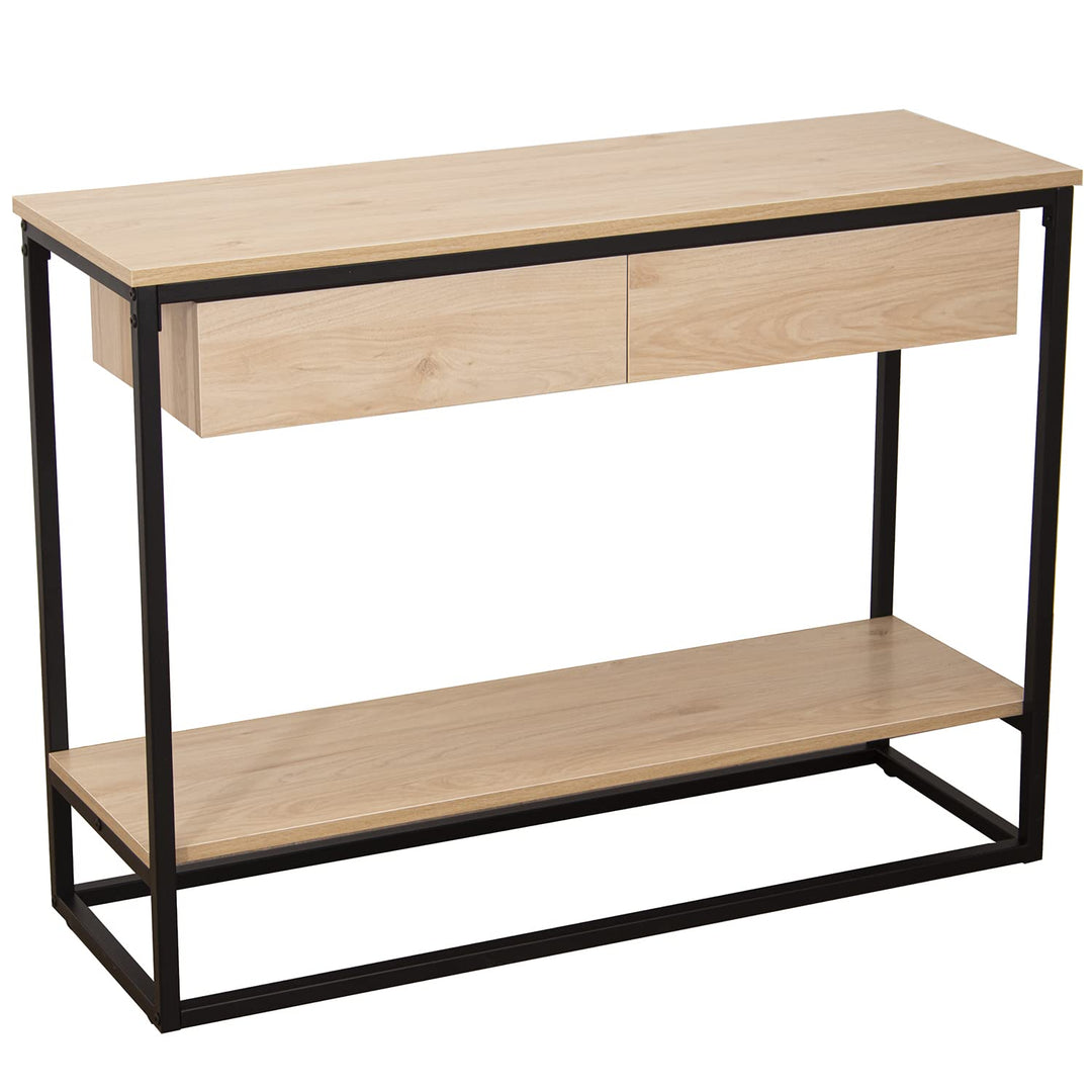 DRW Eingangstisch mit 2 Schubladen aus Metall und MDF in Natur und Schwarz, 100 x 35 x 75 cm, ESTAND