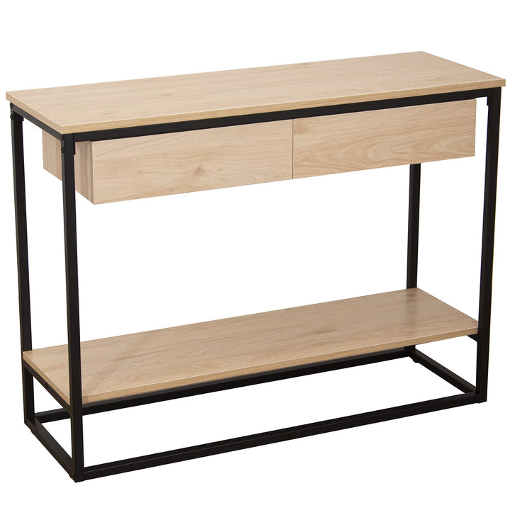 DRW Eingangstisch mit 2 Schubladen aus Metall und MDF in Natur und Schwarz, 100 x 35 x 75 cm, ESTAND