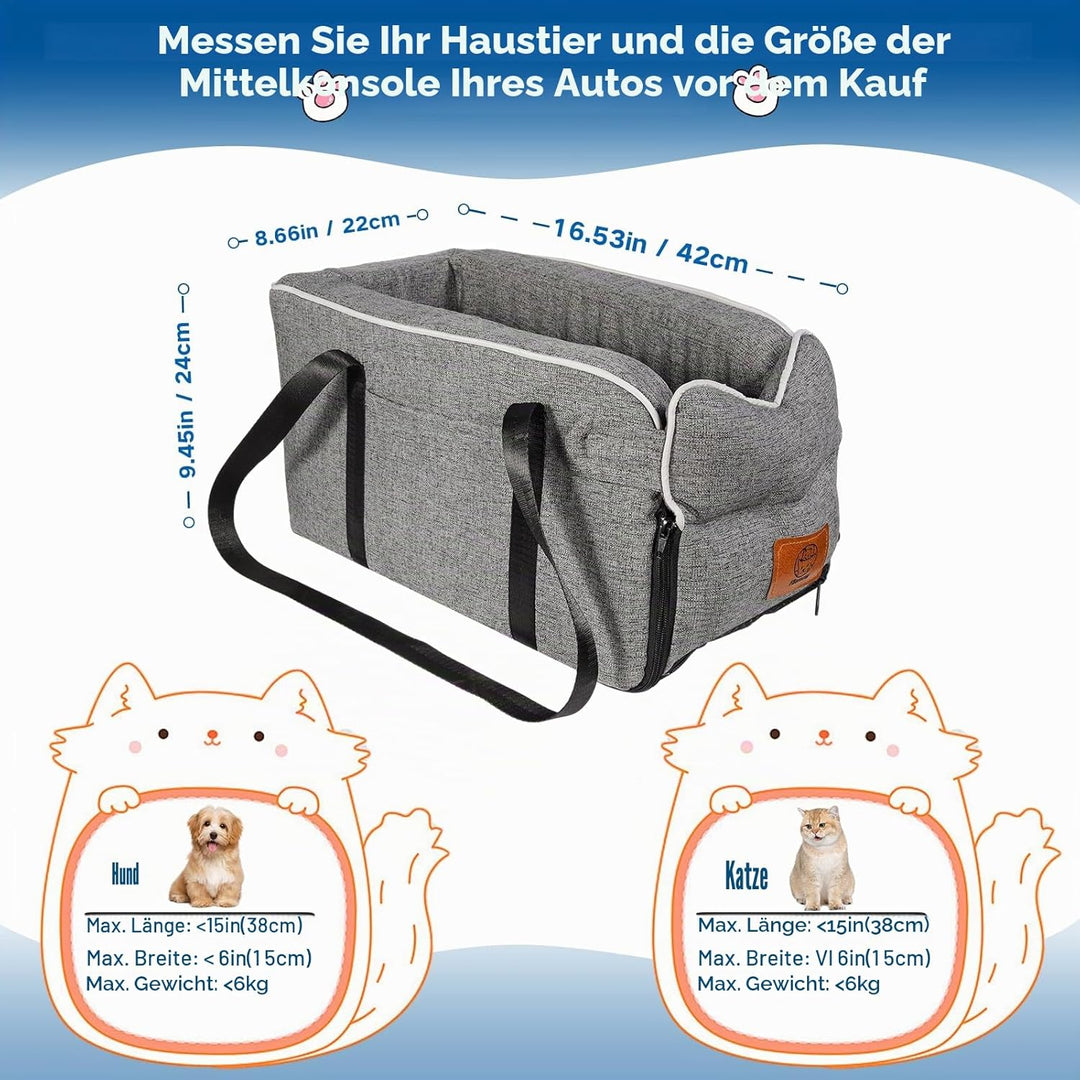 Hundeautositz für kleine Hunde bis 5.4kg | Universal Mittelkonsole Auto-Sitz | Abnehmbar waschbar |