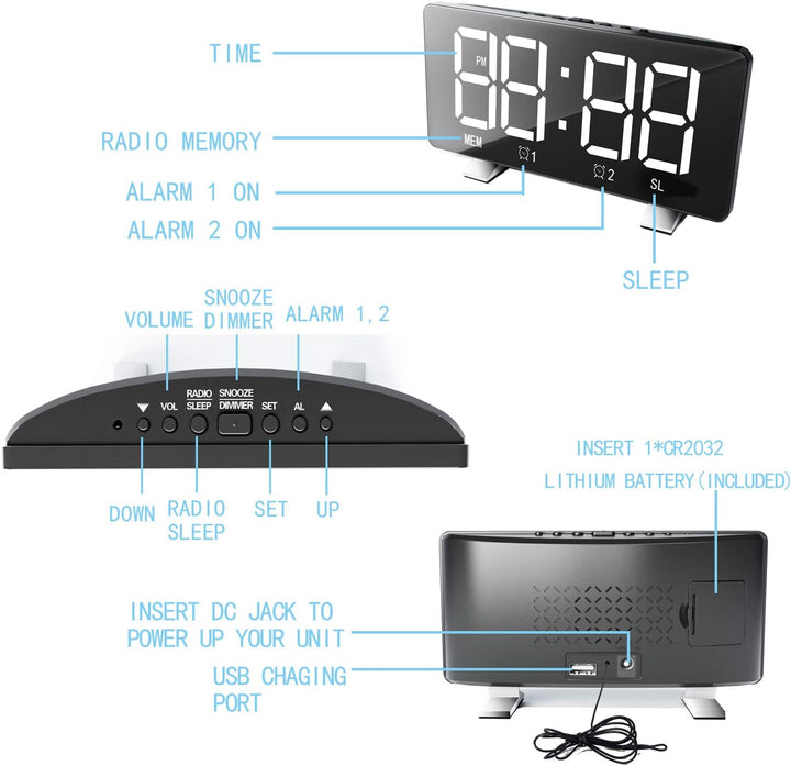ThreeH Radio-Digitaluhr mit USB-Telefonladegerät 7,3'' LED Curved-Screen-Display mit Dimmer 2 Wecker