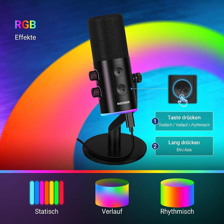NEEWER DM03 USB/XLR RGB Dynamik Mikrofon mit Stummschaltung AI Rauschunterdrückung, Mic Verstärkungs