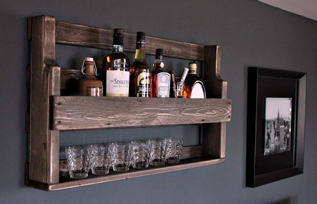 Dekorie Whisky Regal aus Holz - mit Gläserhalter - Braun - Industrie Stil - fertig montiert - Wandba