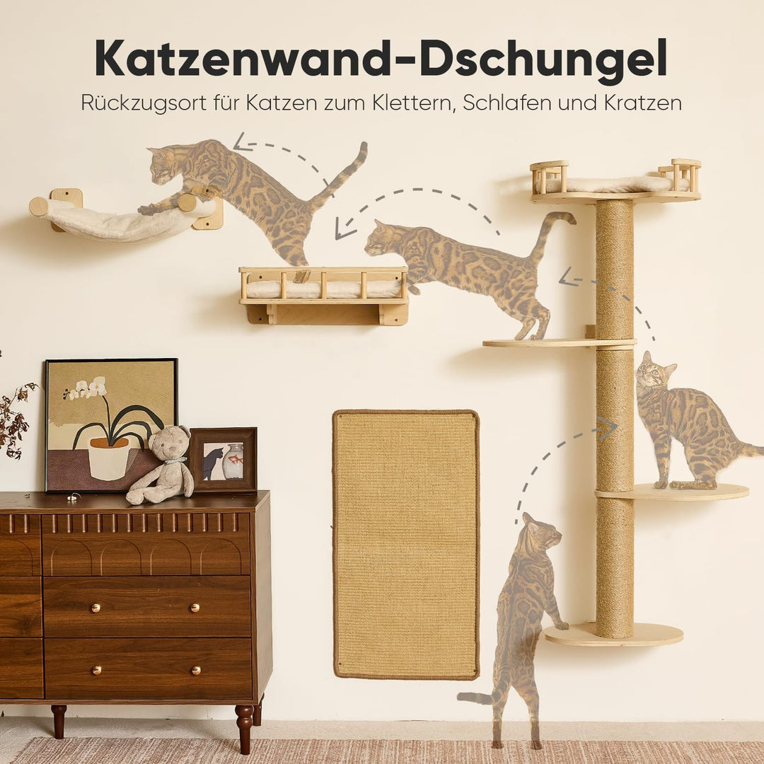 FUKUMARU Kletterwand Katzen-Set, 4 in 1 stabiles Wandmöbel aus mehrschichtigem Holz mit Hängematte,