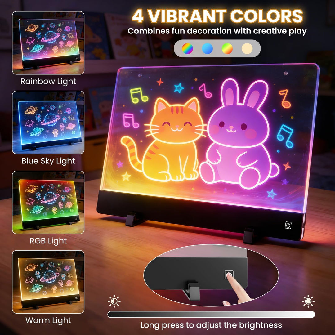 LED-Zeichenbrett für Kinder, 1500mAh wiederaufladbares Notizbrett mit 4-Farben-Lichtmodi & 7 Markern