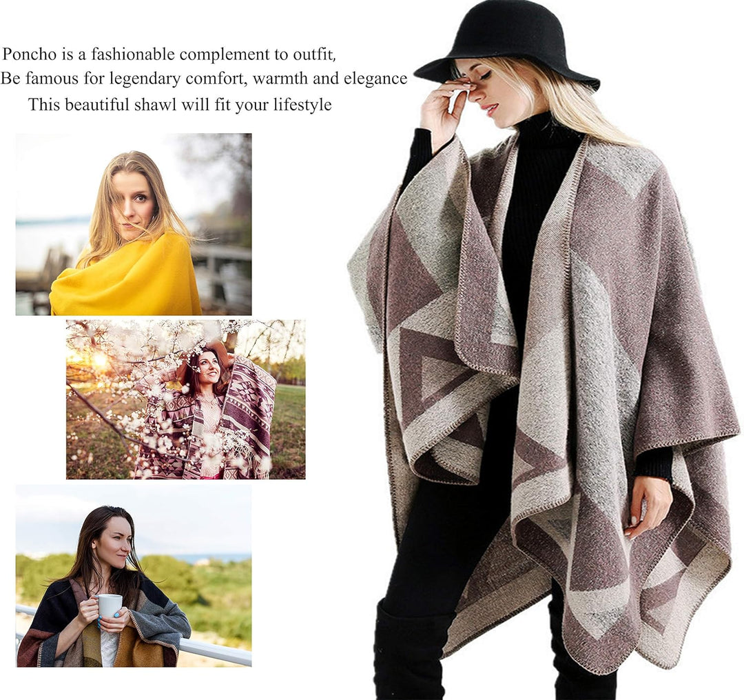 Shmily Girl - Damen Poncho Habe Gestrickt Überdimensionalen Decke Kap-Schal A - Beige Blockfarbe, A