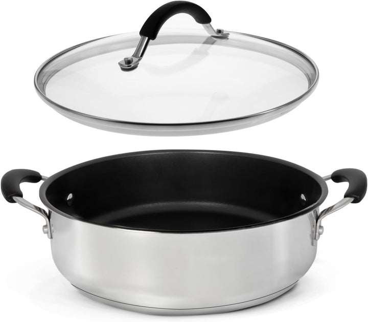 Coolinato Schmorpfanne Edelstahl 28cm beschichtet Schmortopf inkl. Glasdeckel, Bräter für Gas Ceran