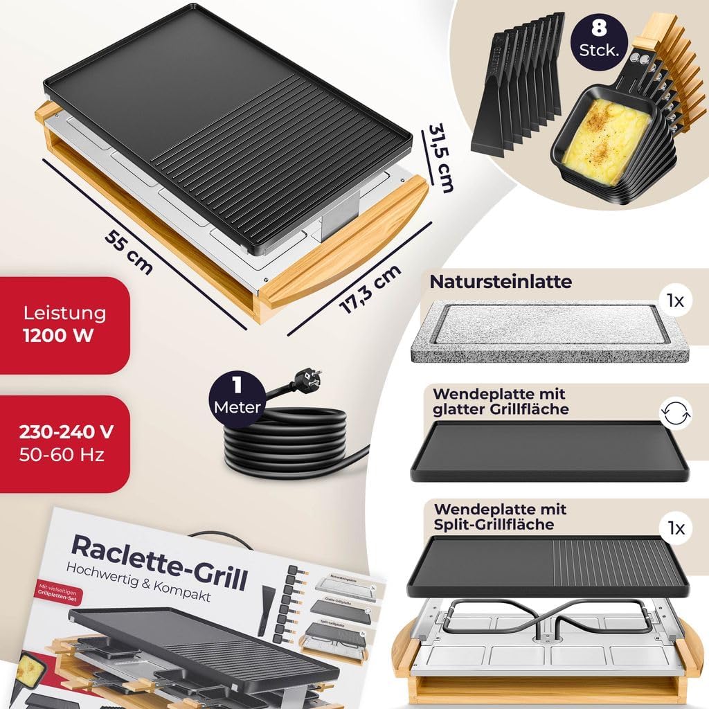 KESSER® Raclette-Grill mit Naturgrillstein, Grillplatte Tischgrill für 8 Personen, Elektrogrill Racl