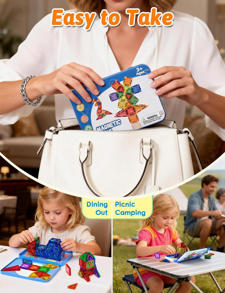 Magnetische Fliesen 42 Stück, Mini Magnetbausteine ReiseSet, Magnetbausteine für Kinder Kreatives Sp
