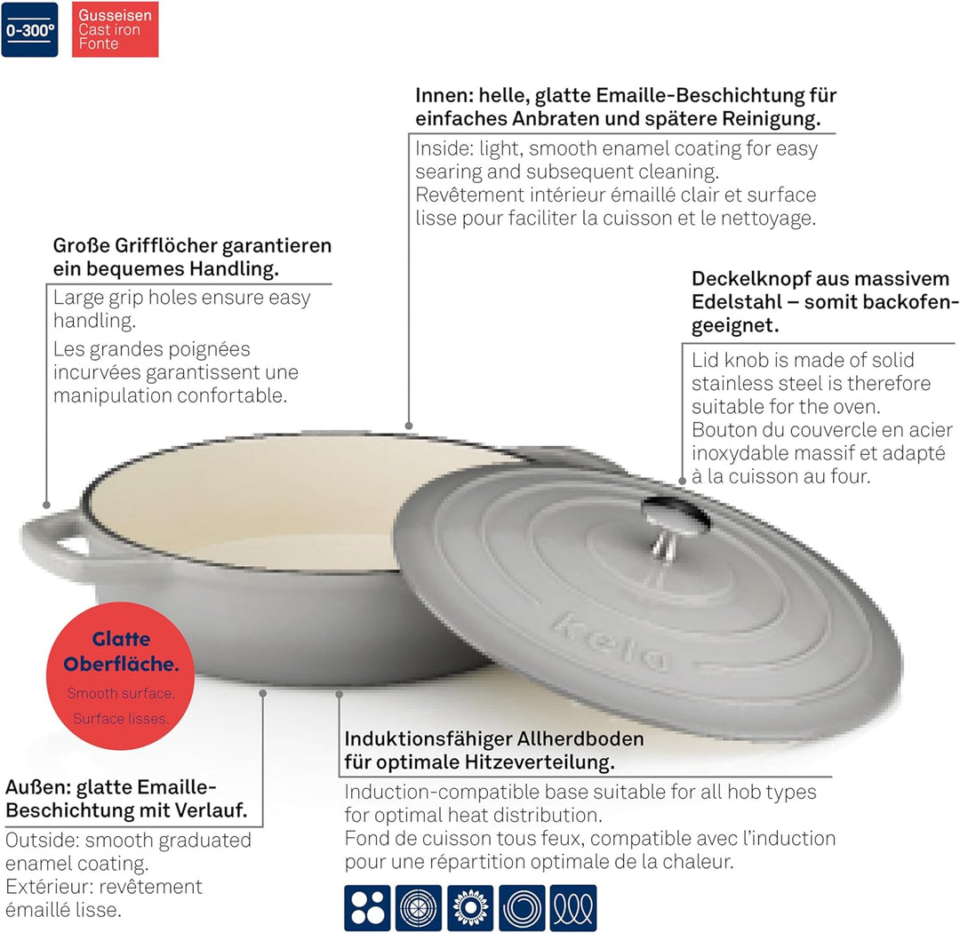 kela Bräter Calido, Ø 28 cm, 3,2 L, Gusseisen, hellgrau, rund, Allherdboden, emailliert, hitzebestän