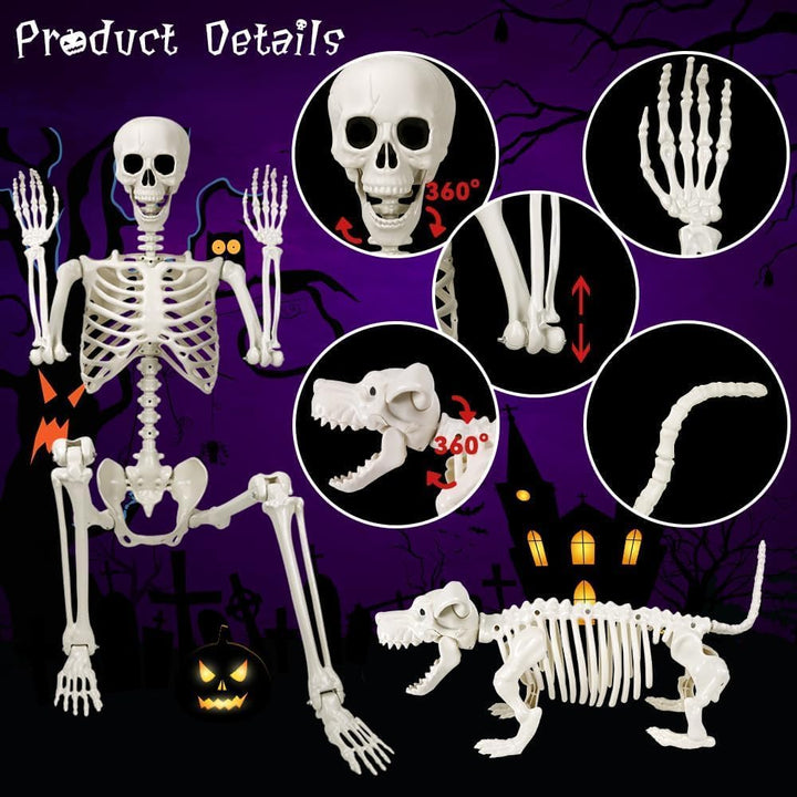 DIYDEC 165cm Halloween Bewegliches Skelett mit Hund, Ganzkörper Hunde Skelett Lebensgrosses Skelett