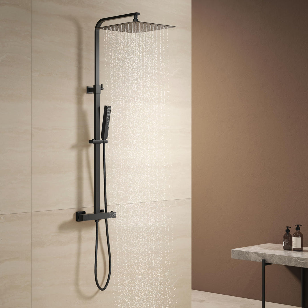 KOMIRO Duschsystem mit Thermostat, 25 X 25cm Regendusche mit armatur, Duscharmatur Schwarz, Duschgar