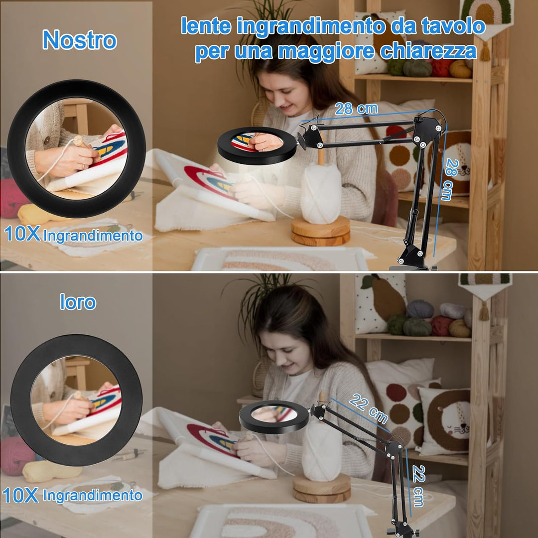Lupe mit Licht und Ständer, 10X Lupenleuchte, Tischlupe mit Licht und Ständer für 3 Farbmodi 10 Hell
