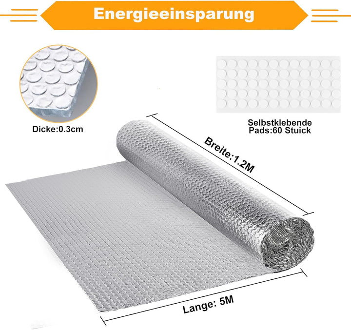 5 m x 120 cm Heizkörper Reflexionsfolie Heizung, 3mm Dicke Isolierfolie Dämmfolie Doppelseitige Alu