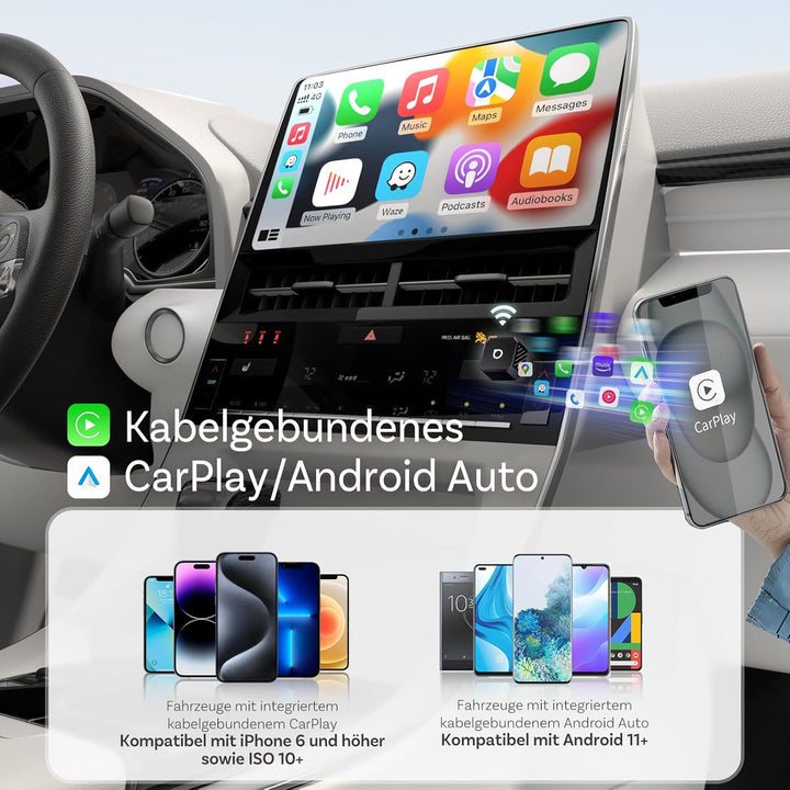 OTTOCAST Mini Pot 2025 Upgraded, 2-in-1 CarPlay & Android Auto Wireless Adapter für iOS 10+/Android
