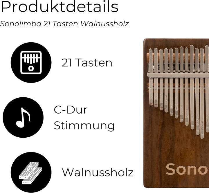 Kalimba "Sonolimba" mit 21 Schlüsseln in C - Dur aus Walnussholz - Daumenklavier inkl. Set mit Liede