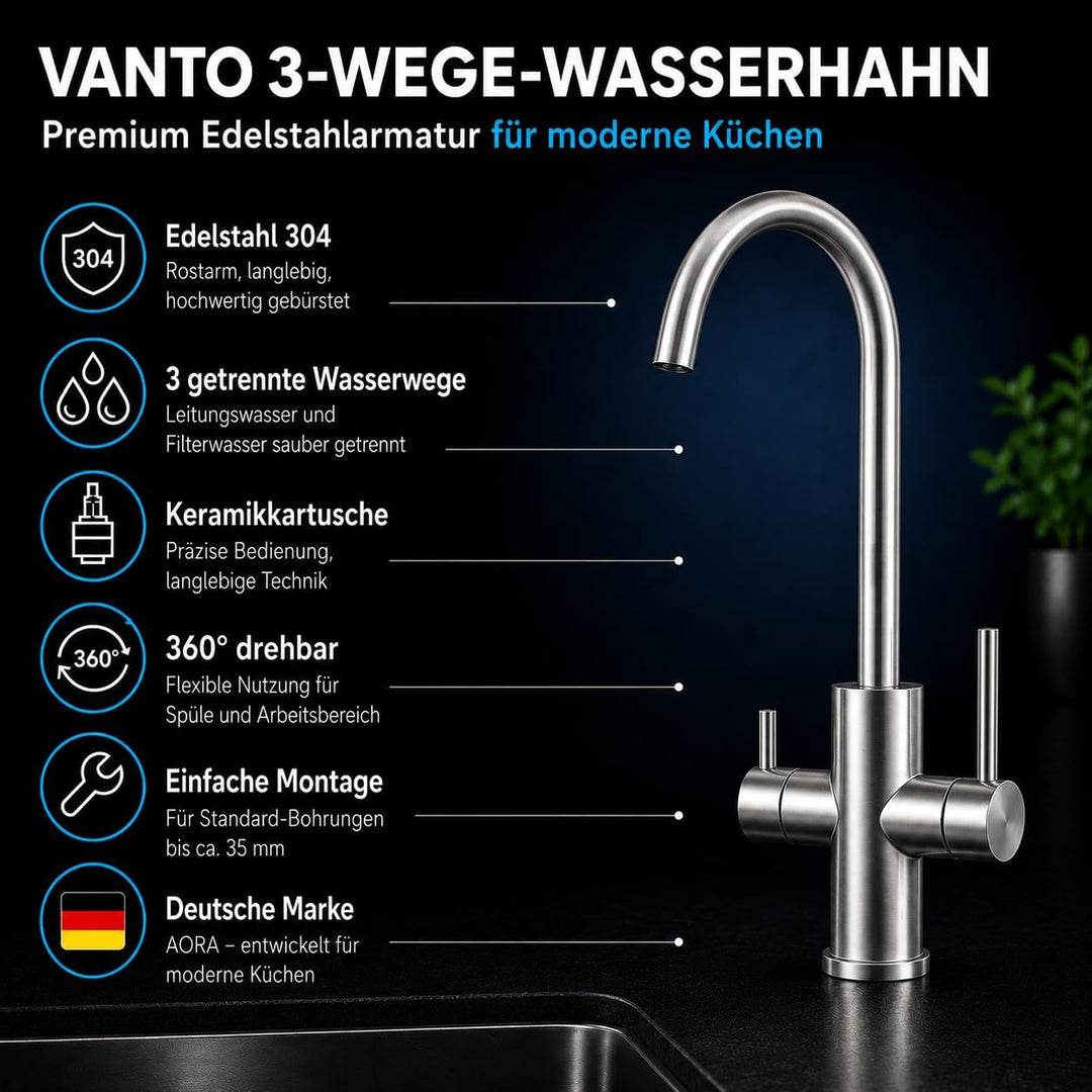 AORA® VANTO INOX 3 Wege Wasserhahn Küche aus massivem Edelstahl 304 – Küchenarmatur Hochdruck für Wa