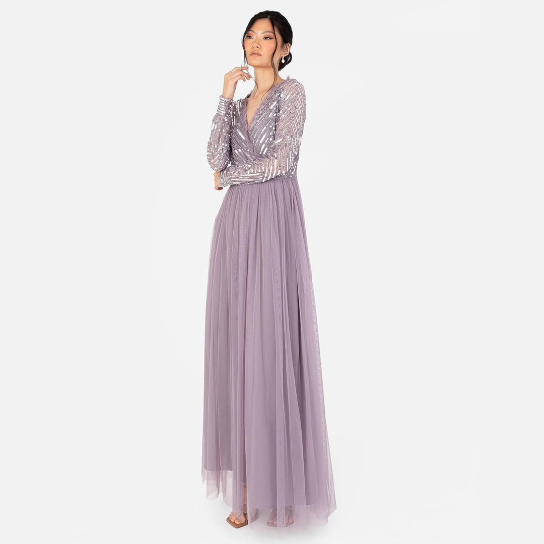 Maya Deluxe Damen Women's Maxi Ladies Embellished Wrap Tulle Frilly V-Neck Long Sleeve for Wedding G
