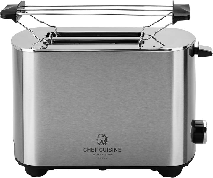 CHEF CUISINE Design-Edelstahltoaster 850W, 2 Scheiben, 5 Bräunungsstufen, Auftau- & Aufwärmfunktion,