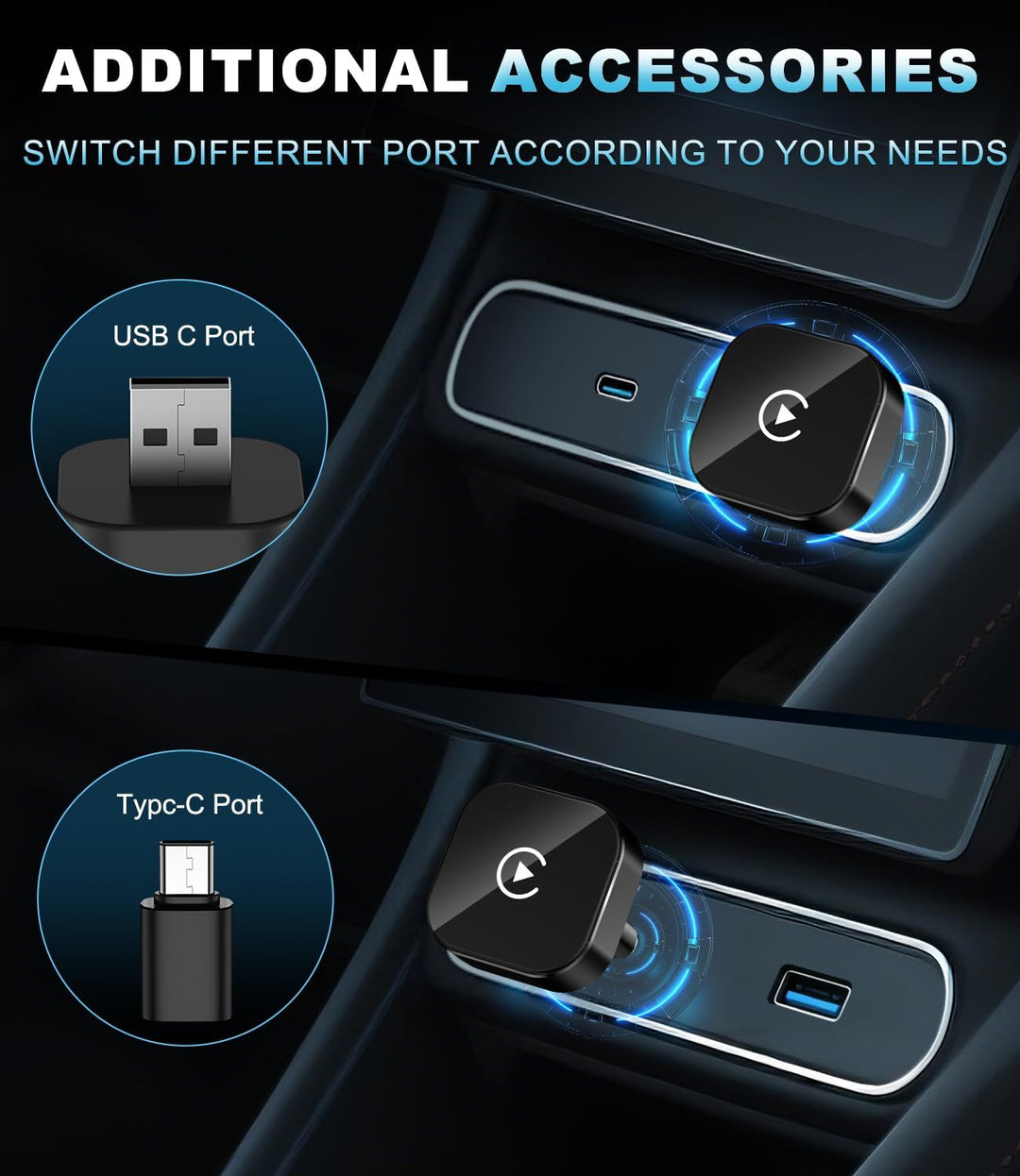 CarPlay Wireless Adapter für Apple 2026, Car Play kabellos Adapter, Plug & Play, USB-A, Mini & Stabi
