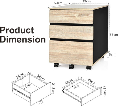 KOMFOTTEU Aktenschrank mit 5 Universalrollen, Rollcontainer mit 3 Schubladen, Bürowagen Büroschrank