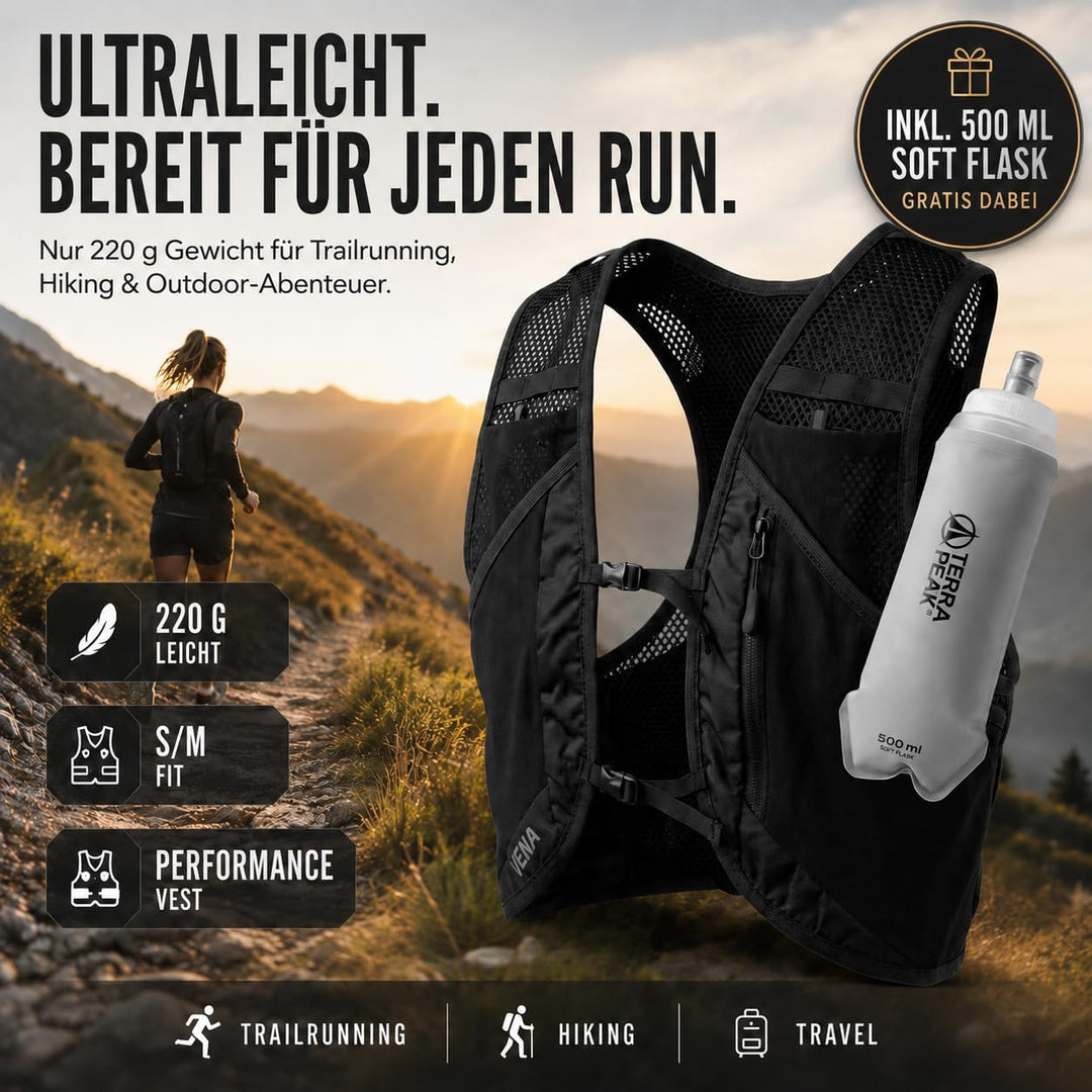 Terra Peak® VENA Laufweste 500ml Trinkflasche - Trinkweste Trinkrucksack Laufen Damen Herren S/M Sch