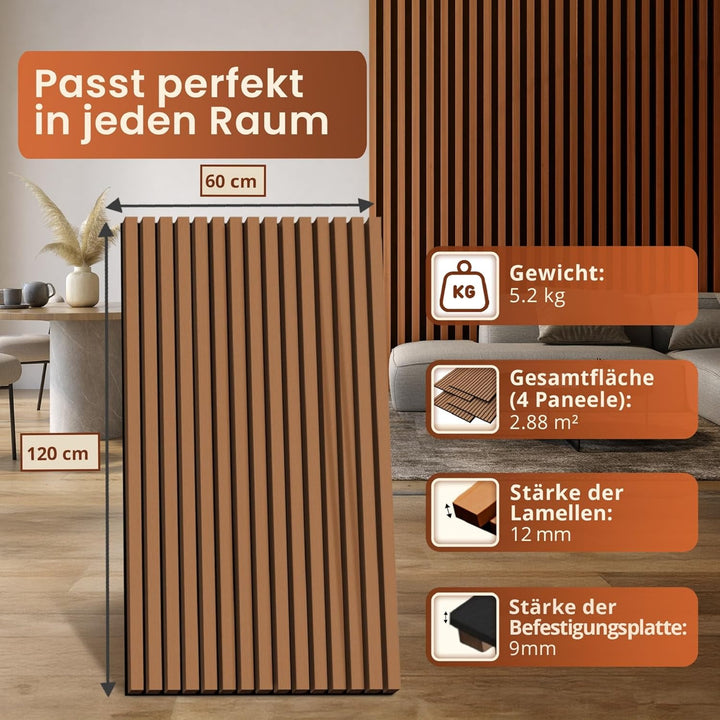 NEU.HOLZ Akustik Wandpaneele Vang 4er Set Wandverkleidung zum Kleben und Schrauben 2,88 m² Holzfurni