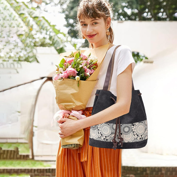 PORRASSO Damen Schultertasche Canvas Tote Umhängentasche Retro Kordelzug Beuteltasche Frauen Shopper
