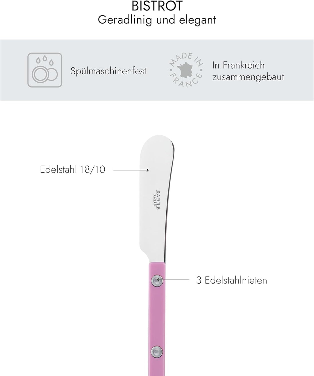 SABRE PARIS - 2er Set Buttermesser 14 cm - Bistrot - Ideal Für Butter, Aufstrich - Edelstahl & Nylon