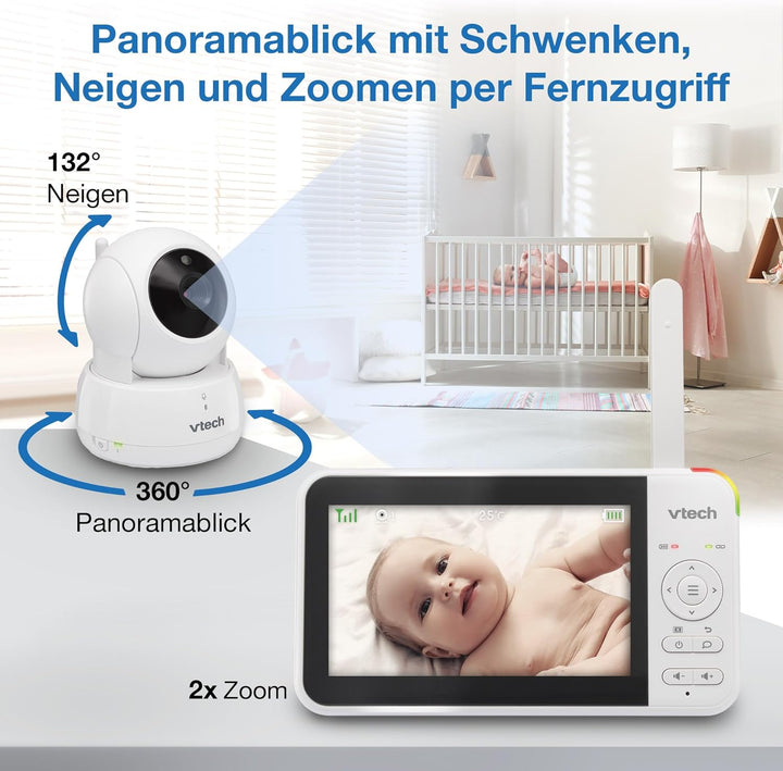 VTech VM924-2 Video-Babyphone mit 5-Zoll-LCD-Farbbildschirm und 2 Kameras, bis zu 17 h Video- und 31