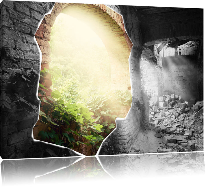 erleuchtete Ruine schwarz/weiss Format: 100x70 auf Leinwand, XXL riesige Bilder fertig gerahmt mit K