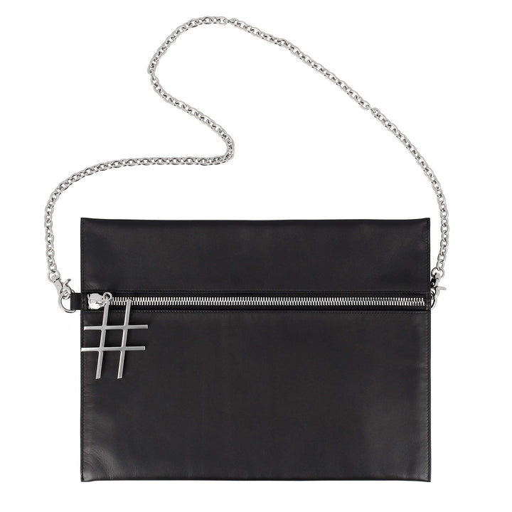 DUDU Schulter-Tasche Schwarz Damen aus Leder mit Kette Elegant Flaches Design mit Reissverschluss Sc