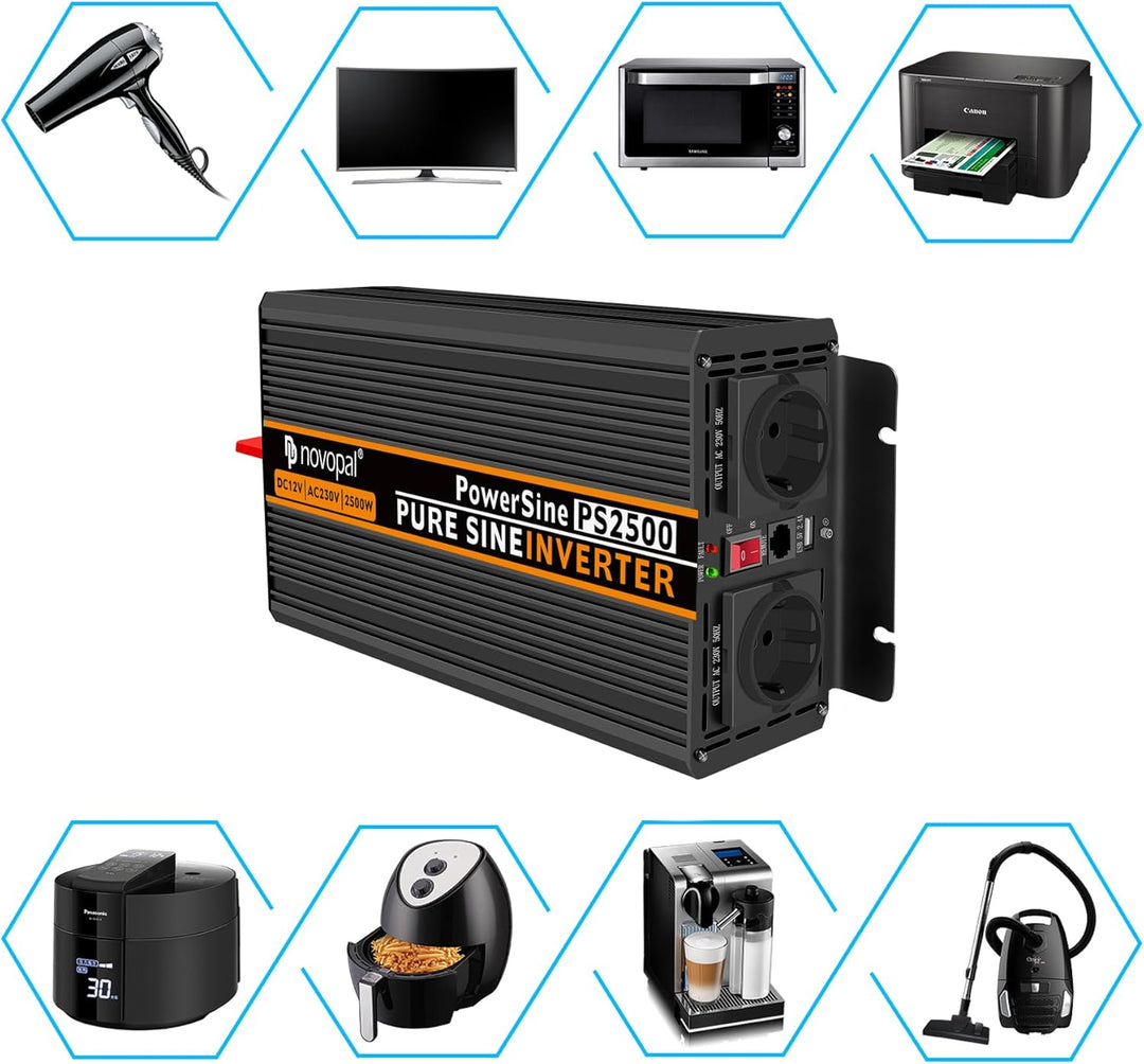 NOVOPAL 2500W KFZ Reiner Sinus Spannungswandler - Auto Wechselrichter 12V auf 230V Umwandler - Inver