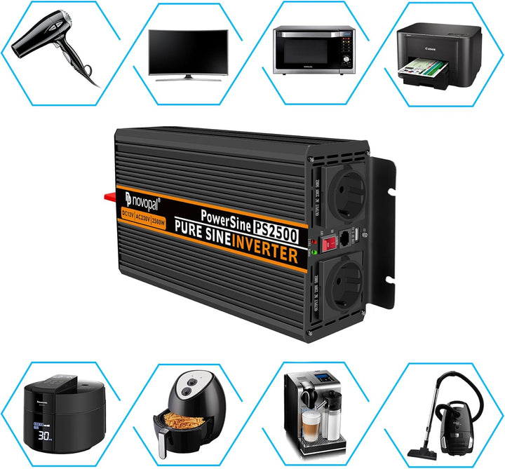 NOVOPAL 2500W KFZ Reiner Sinus Spannungswandler - Auto Wechselrichter 12V auf 230V Umwandler - Inver