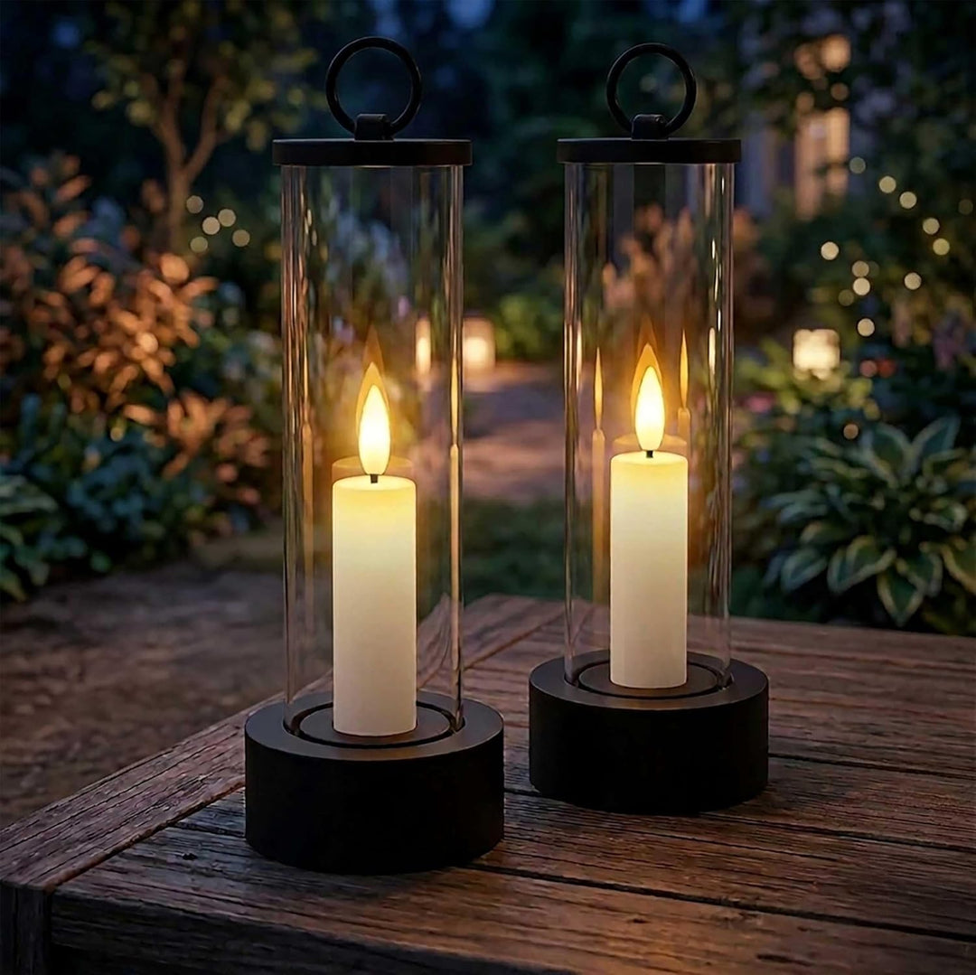 Outdoor LED Kerze im Glas batteriebetrieben mit Flammen Effekt und Timer - 2er Set - Tischkerze im W