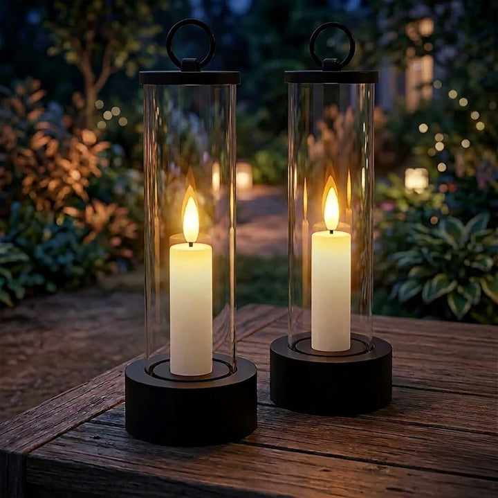 Outdoor LED Kerze im Glas batteriebetrieben mit Flammen Effekt und Timer - 2er Set - Tischkerze im W