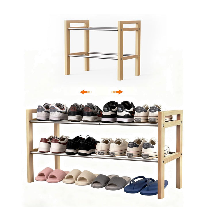 LEMIKKLE Schuhregal Holz Eiche 2-stöckig, Erweiterbar Mit Edelstahl-Elementen, Ideal Für Enge Räume,