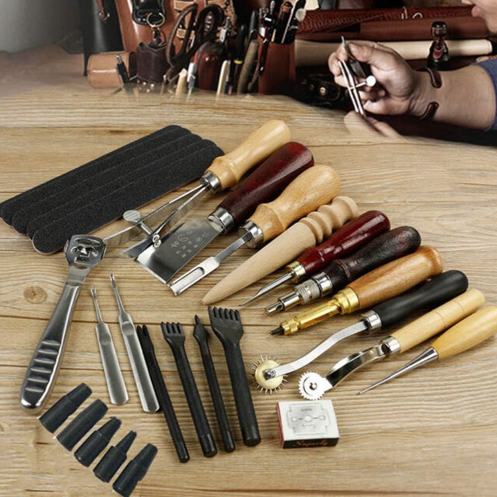 Grasomtools 18 Stück Leder Carft Punch Tools Kit Nähen Schnitzen Arbeiten Nähen Sattel Groover Leder