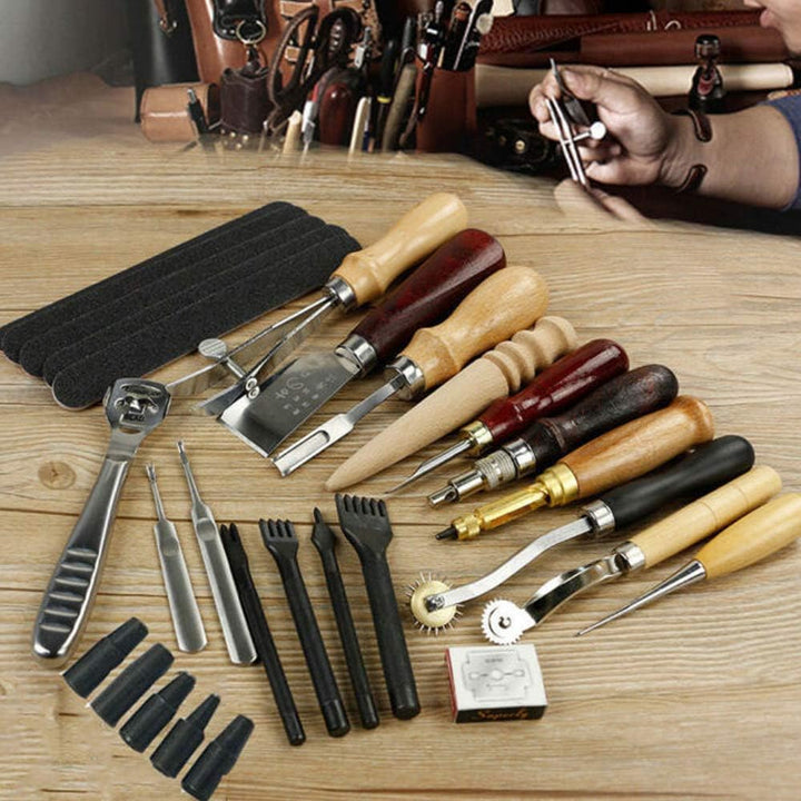 Grasomtools 18 Stück Leder Carft Punch Tools Kit Nähen Schnitzen Arbeiten Nähen Sattel Groover Leder