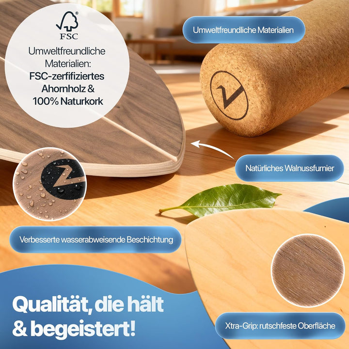 Balance Board aus Holz in – mit abgerundeten Ecken – inkl. Rolle für Neuromuscular Response Training