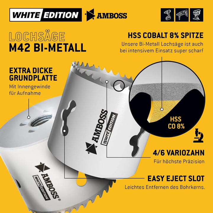 Amboss M 42 Bi-Metall Lochsägen Set Ø 19-83 mm (17-teilig) / Für Aluminium, Stahl, Gipskarton, Holz
