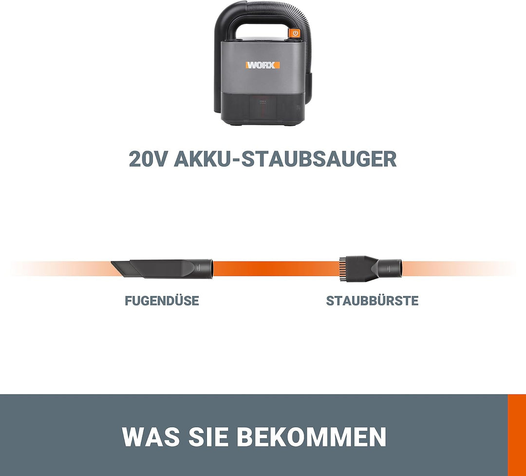 WORX WX030.9 Max Akku Autostaubsauger - beutelloser Hand-Staubsauger - 20V - mit Fugendüse und Kombi