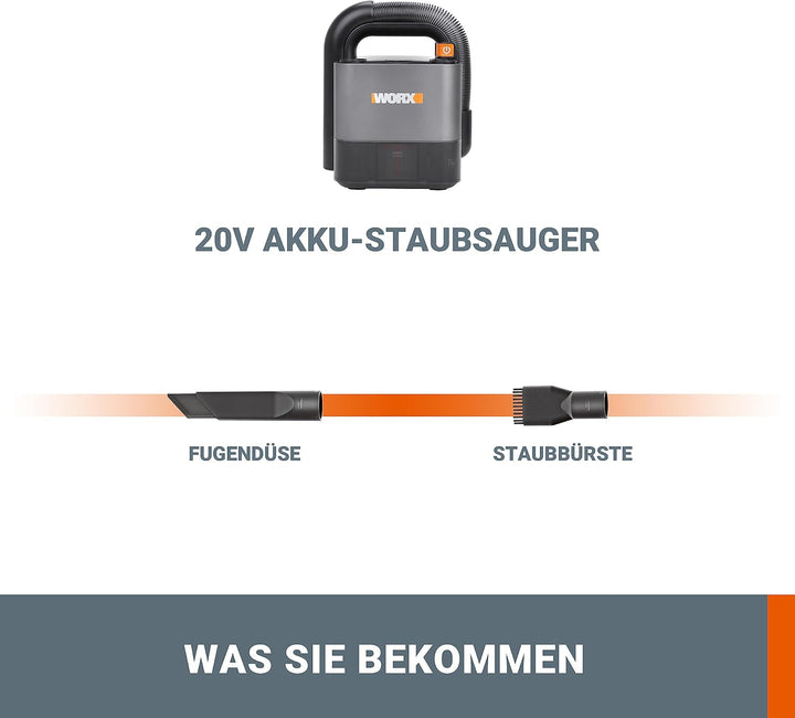 WORX WX030.9 Max Akku Autostaubsauger - beutelloser Hand-Staubsauger - 20V - mit Fugendüse und Kombi