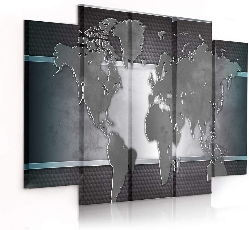 Feeby Frames, Leinwandbild Bilder Wand Bild - 5 Teile - Wandbilder Kunstdruck (WELTKARTE, GRAU) 150x