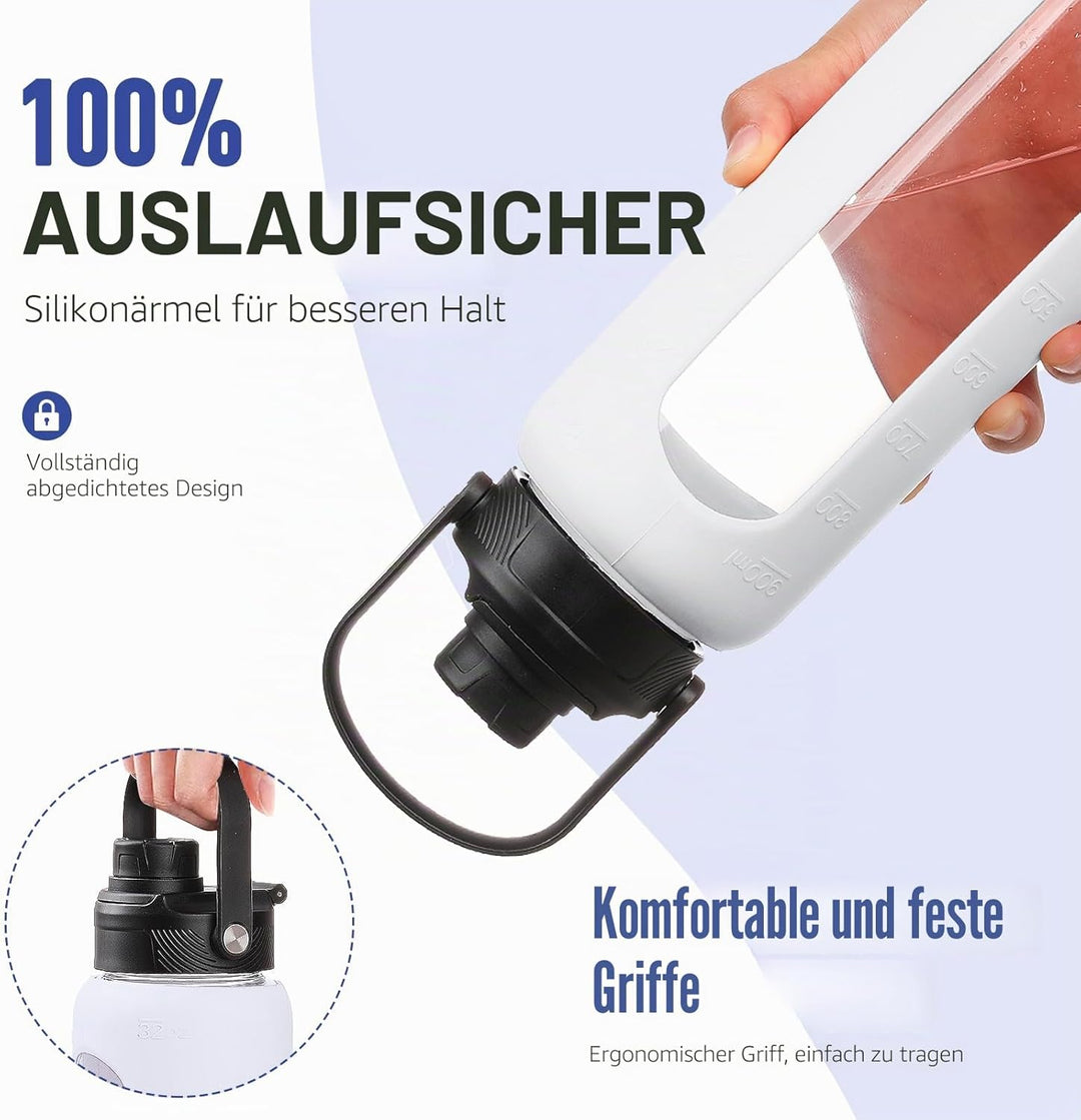 BLUEGO 900ml Glaswasserflasche mit Strohhalm und 2 Deckeln Kaffeetasse aus Glas mit Zeitmarkierung u