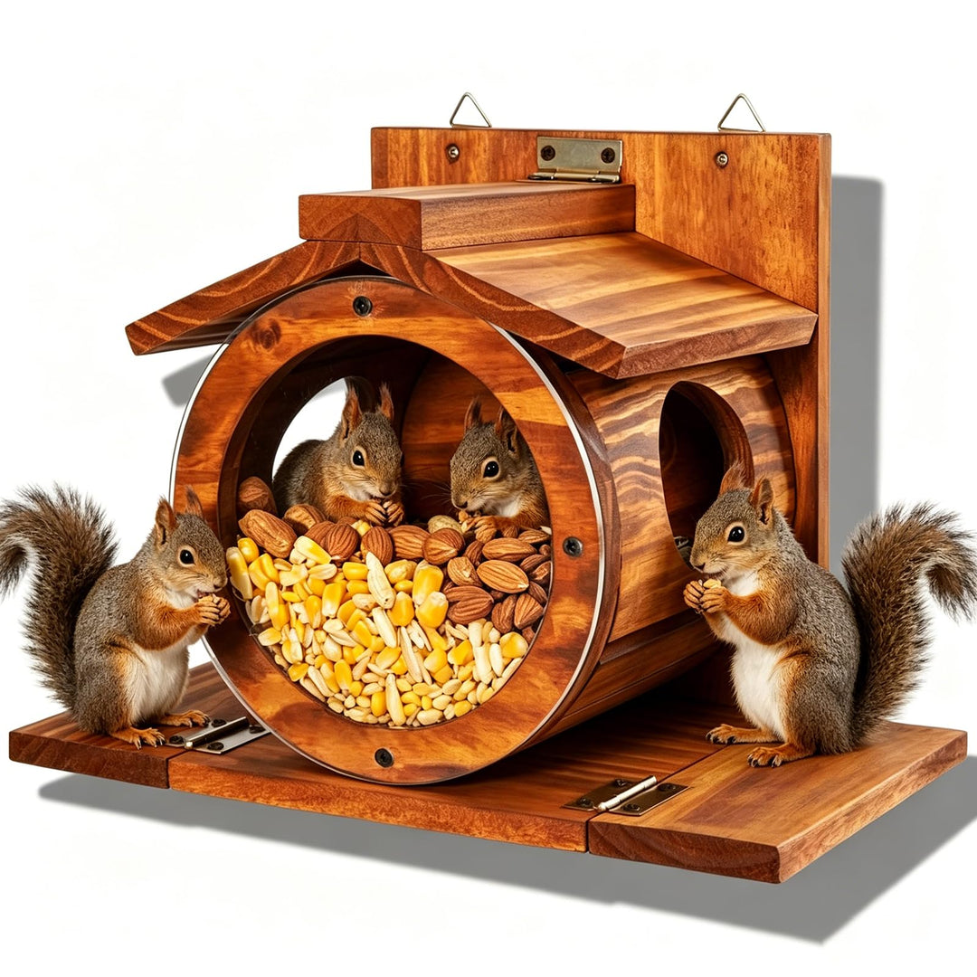 Eichhörnchen Futterhaus Wetterfest aus Holz mit Runden Transparentes Fenster, Eichhörnchen Futtersta
