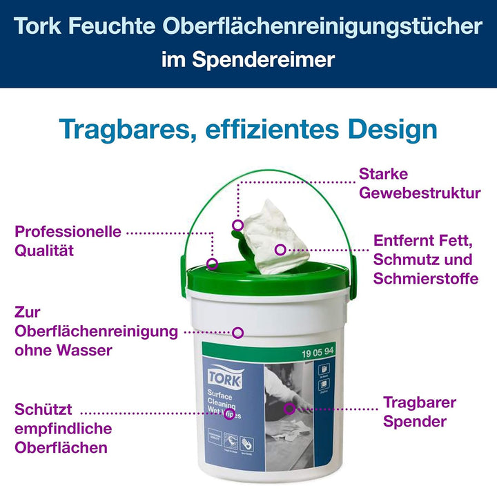 Tork Feuchte Oberflächenreinigungstücher im Spendereimer Weiss W15, Starke Struktur, 1 × 58 Tücher,