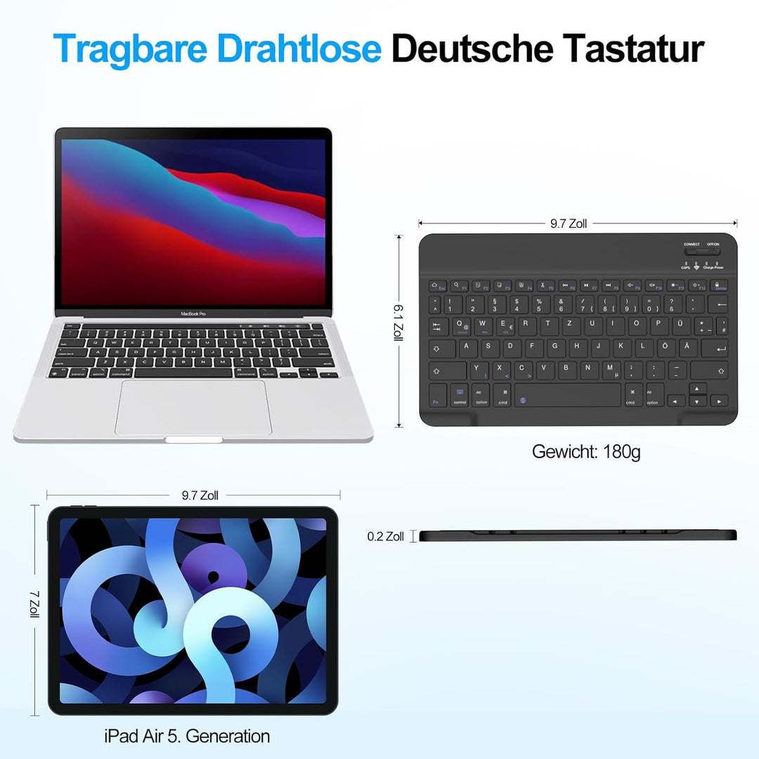 ZOYU Bluetooth Tastatur mit QWERTZ Layout für iPad Air, Pro, 10,2, 9,7, Mini, Tablets, PC, Windows,