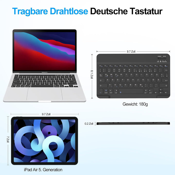 ZOYU Bluetooth Tastatur mit QWERTZ Layout für iPad Air, Pro, 10,2, 9,7, Mini, Tablets, PC, Windows,