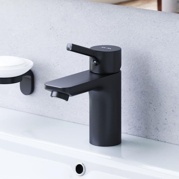 AM.PM Platzsparende Waschtischarmatur mit Zugstange und Ablaufgarnitur, Schwarz, Matt (X-Joy S FXB82
