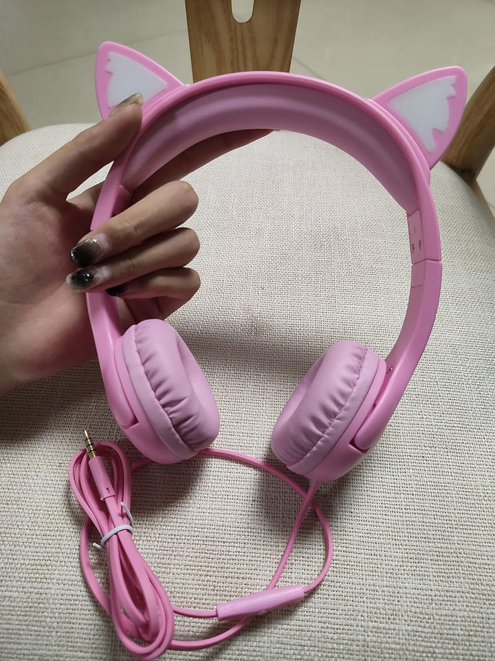 Olyre Katze Ohren Kopfhörer mit LED-Leuchten kabelgebundene Kinder-Kopfhörer–Pink
